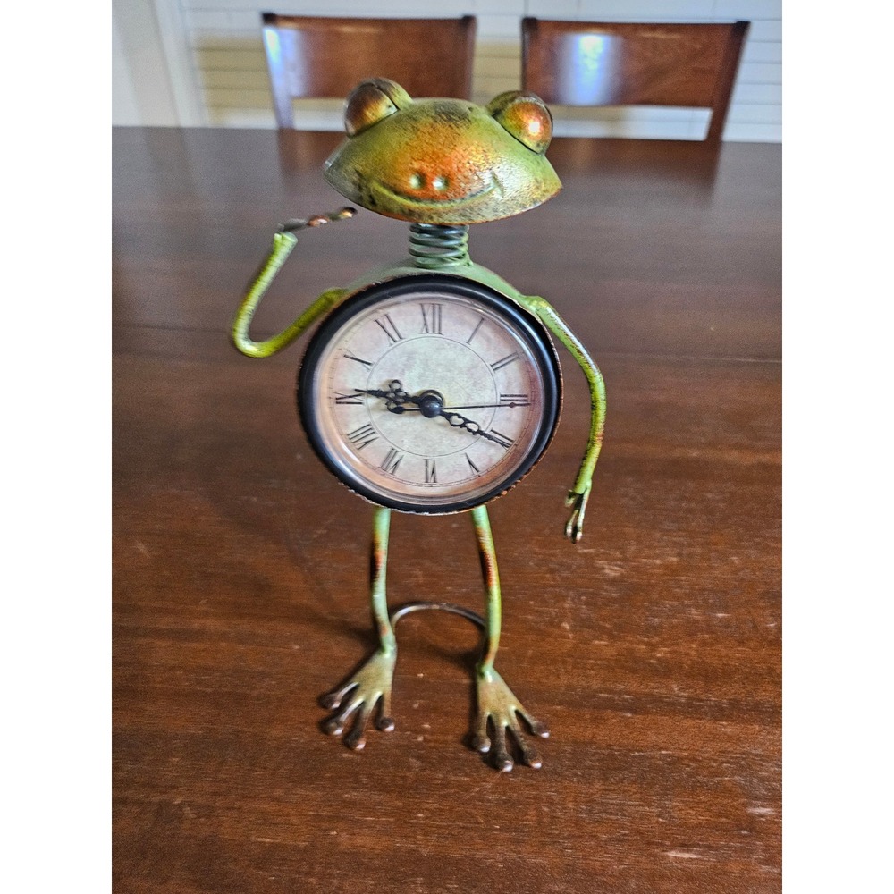 Frog Tabletop Clock Home Decor Green Metal Rustic Roman Numeral